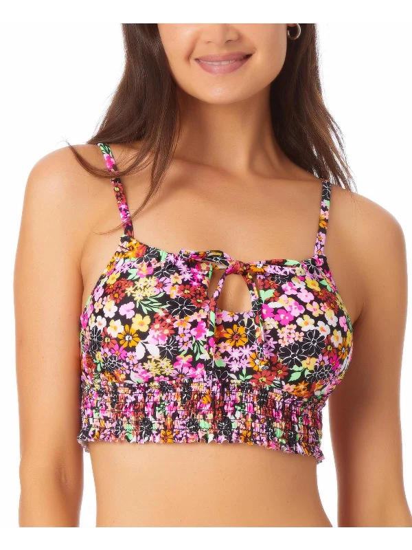 Juniors Womens Floral Print Tie Neck Bikini Swim Top