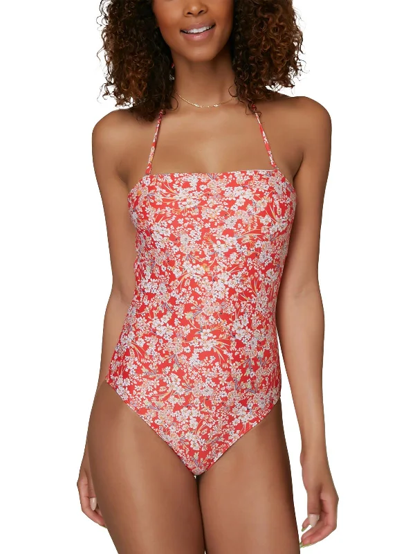 Womens Floral Off-The-Shoulder One-Piece Swimsuit