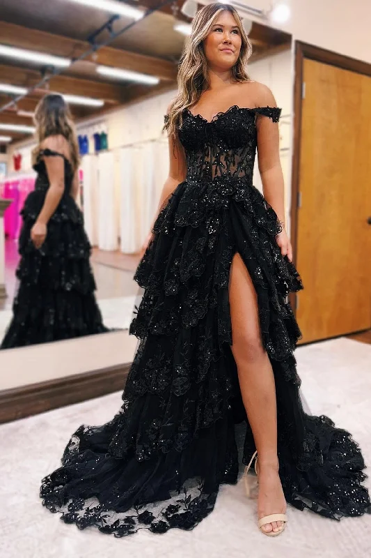 A-Line Appliques Off-the-Shoulder Ruffle Empire-Waist Sleeveless Long Prom Dress