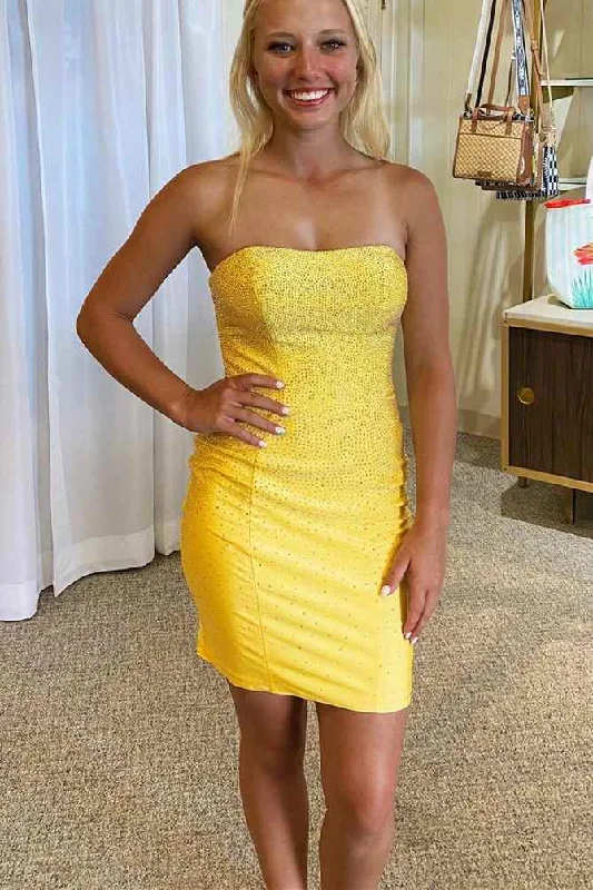 Yellow Beaded Mini Bodycon Party Dress