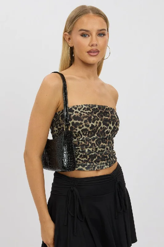 Brown Animal Print Boob Tube Top Mesh