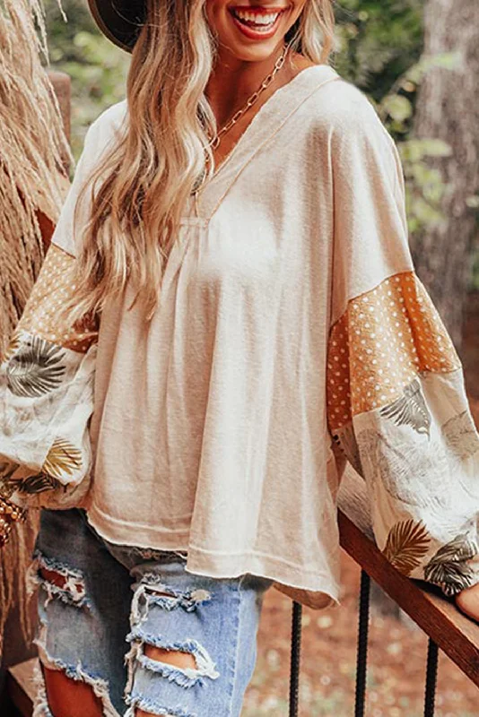 Polka Dot Puff Sleeve Patchwork V Neck Loose Blouse