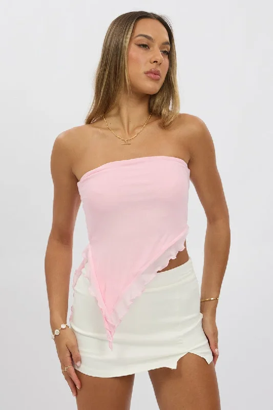 Pink Bandeau Top Asymmetrical Ruffle Hem Mesh