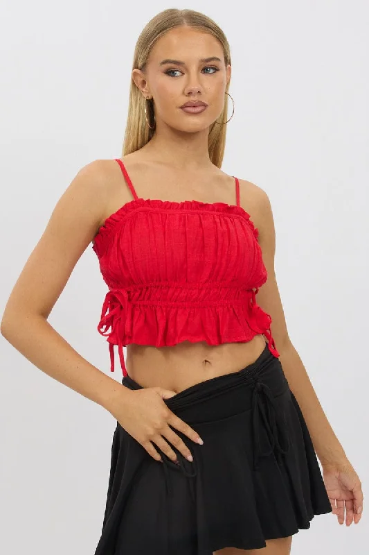 Red Cami Top Ruched Side Bow Linen Blend