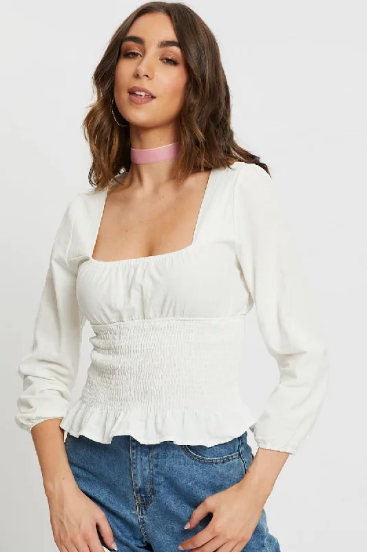 White Square Neck Ruched Top