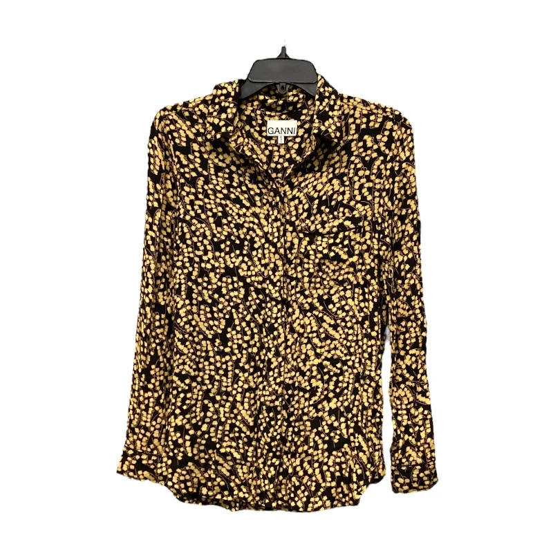 Top Long Sleeve By Ganni In Black & Gold